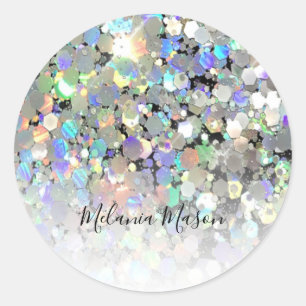 Elegant Holographic Glitter Black Custom Text Classic Round Sticker