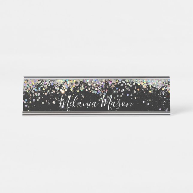 Elegant Holographic Glitter Black Desk Name Plate (Front)