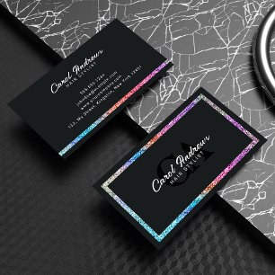 Elegant Holographic Glitter & Black Hair Stylist Business Card