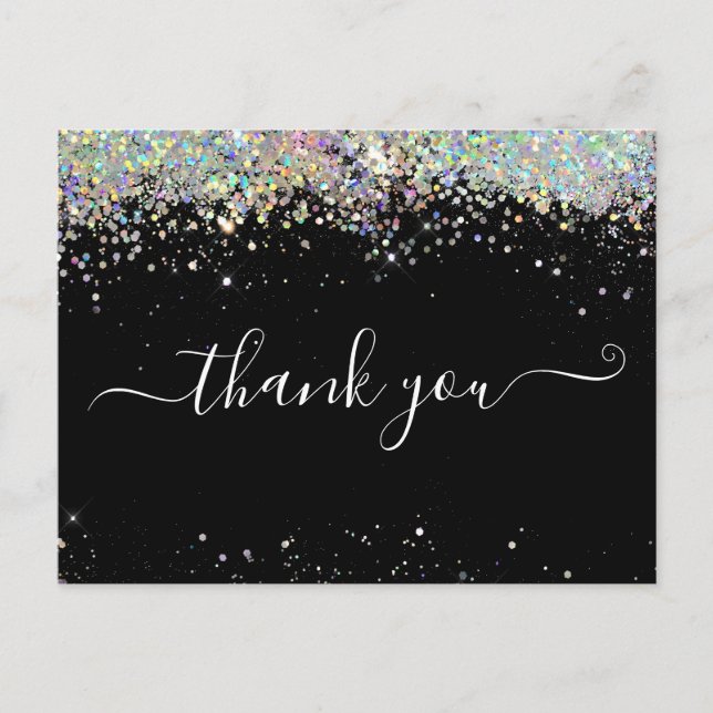 Elegant Holographic Glitter Black Thank You Card (Front)