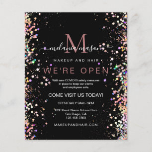 Elegant Holographic Glitter Black We're Open Salon Flyer