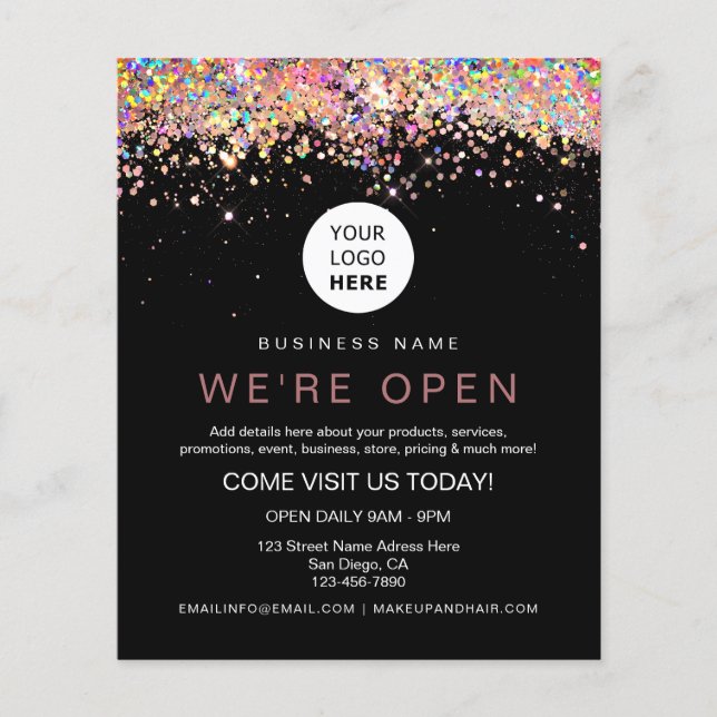 Elegant Holographic Glitter Custom Logo Black Flyer (Front)