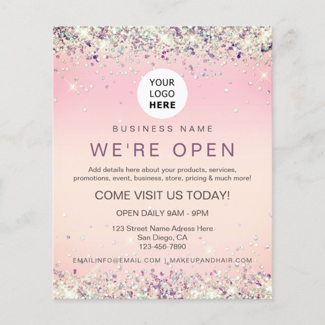 Elegant Holographic Glitter Custom Logo Pink Flyer (Front)