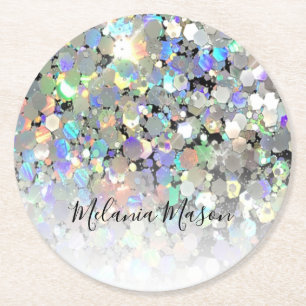Elegant Holographic Glitter Custom Modern Round Paper Coaster