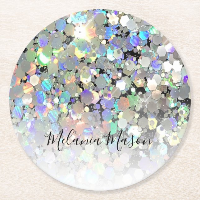 Elegant Holographic Glitter Custom Modern Round Paper Coaster (Front)