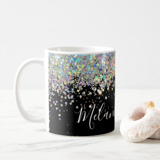 Elegant Holographic Glitter Custom Name Black Coff Coffee Mug (With Donut)