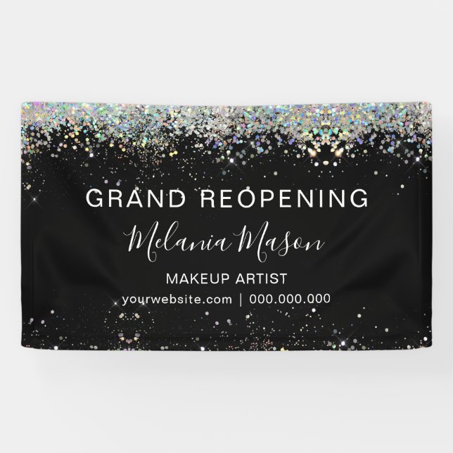Elegant Holographic Glitter Makeup Artist Black Banner (Horizontal)