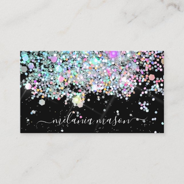 Elegant Holographic Glitter Makeup Artist Black Bu Business Card (Front)
