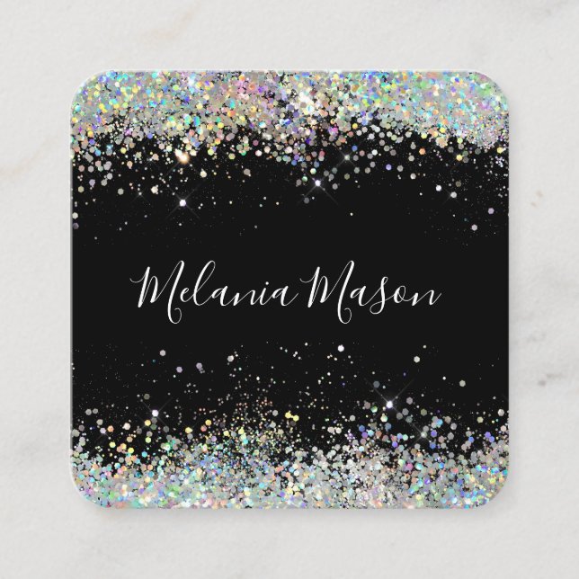 Elegant Holographic Glitter Makeup Artist Black Bu Square Business Card (Front)