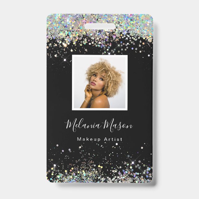 Elegant Holographic Glitter Makeup Artist Black ID Badge (Front)