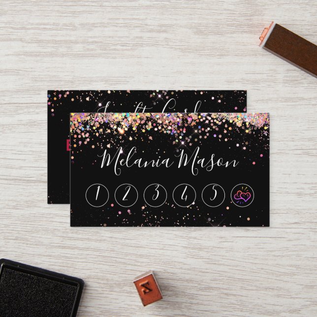 Elegant Holographic Glitter Makeup Artist Black  Loyalty Card (Front/Back In Situ)