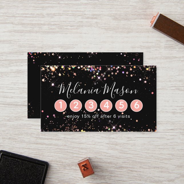 Elegant Holographic Glitter Makeup Artist Black Loyalty Card (Front/Back In Situ)