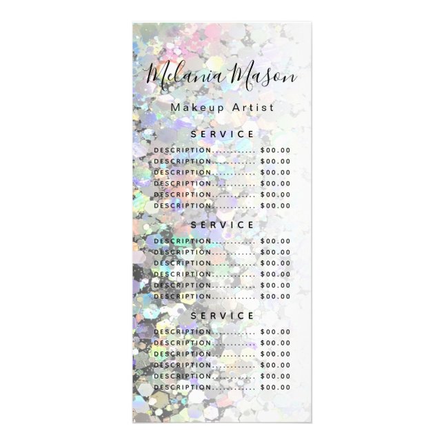 Elegant Holographic Glitter Makeup Artist Black Rack Card (Front)