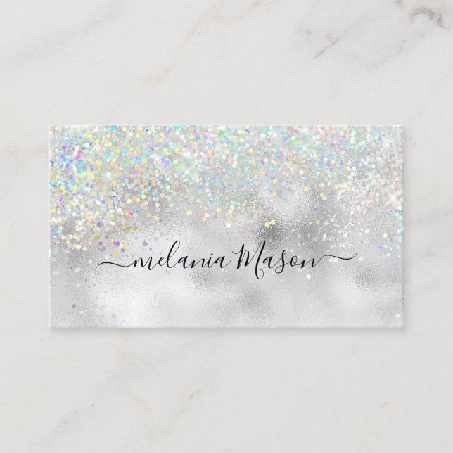 Elegant Holographic Glitter Makeup Artist Silver Business Card (Front)