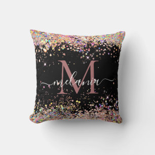 Elegant Holographic Glitter Monogram Name Black  Cushion
