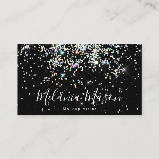 Elegant Holographic Glitter Nail Artist Black Business Card (Front)