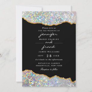 Elegant Holographic Glitter Sparkle Agate Black Invitation