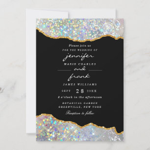Elegant Holographic Glitter Sparkle Agate Black Invitation