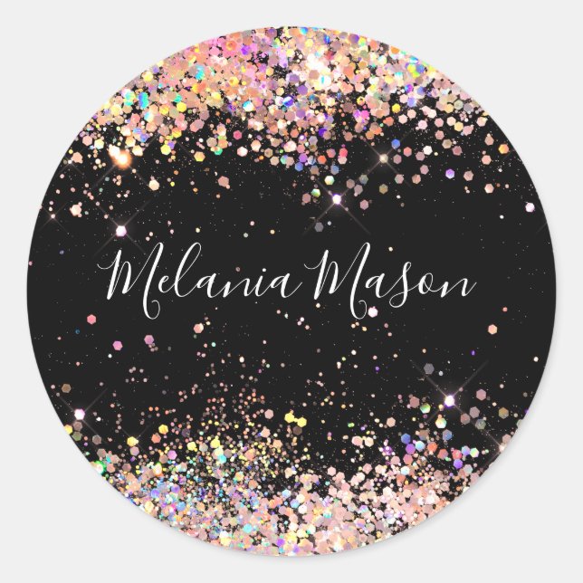 Elegant Holographic Glitter Stylish Name Black  Classic Round Sticker (Front)