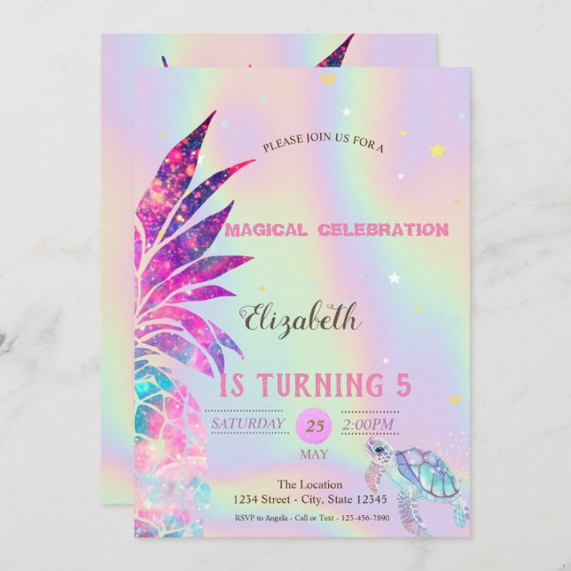 Elegant Holographic Glitter Turtle Pineapple Invitation (Front/Back)