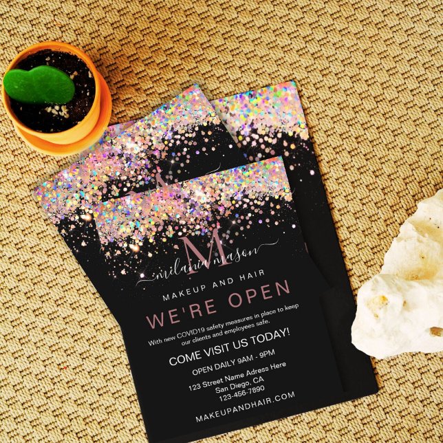 Elegant Holographic Glitter We're Open Salon Black Flyer (Creator Uploaded)