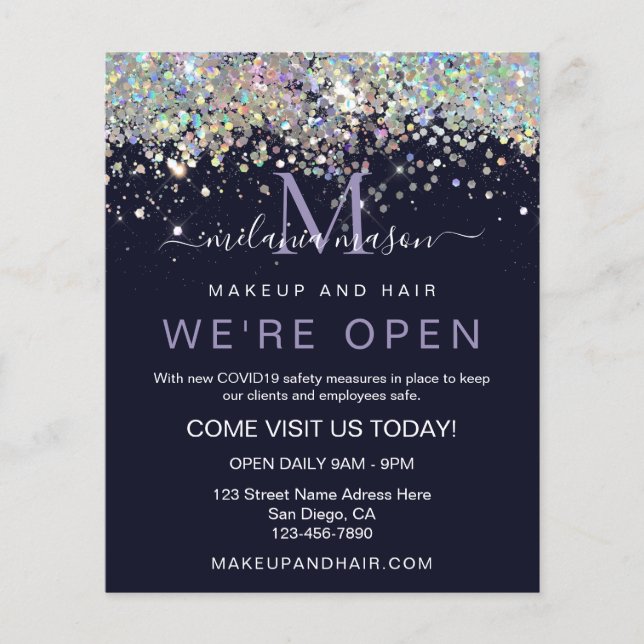Elegant Holographic Glitter We're Open Salon Blue Flyer (Front)