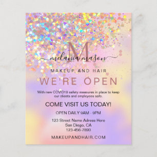 Elegant Holographic Glitter We're Open Salon Chic Flyer
