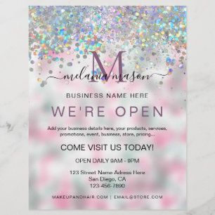 Elegant Holographic Glitter We're Open Salon Flyer