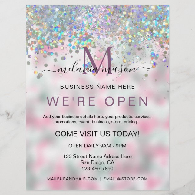 Elegant Holographic Glitter We're Open Salon Flyer (Front)