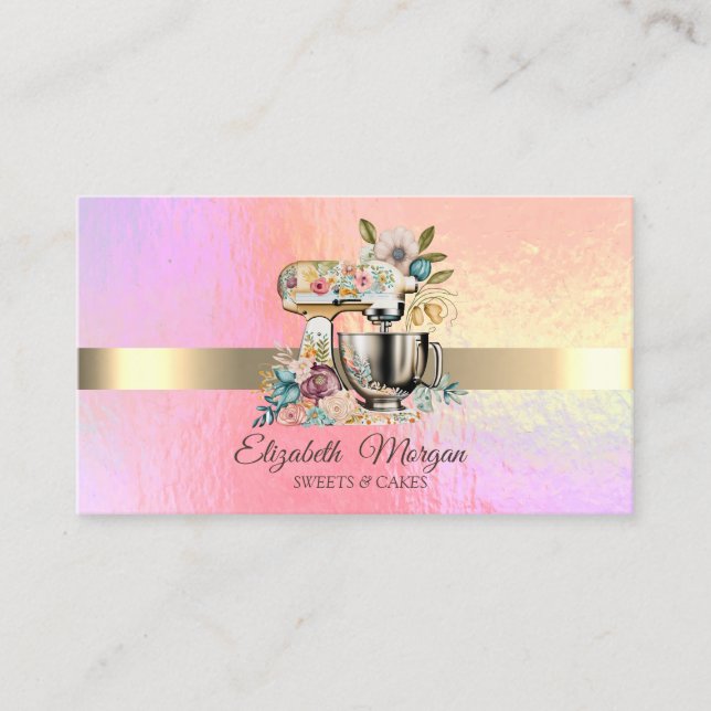 Elegant Holographic,Gold Stripe Floral Mixer Business Card (Front)