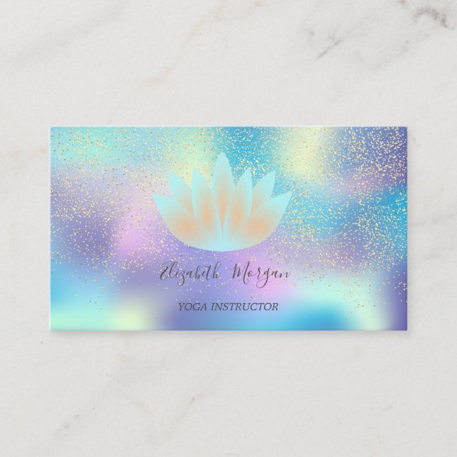 Elegant Holographic Lotus Confetti Yoga Instructor Business Card (Front)