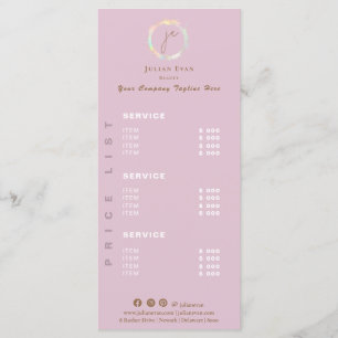 Elegant Holographic Monogram Pink Price List Menu
