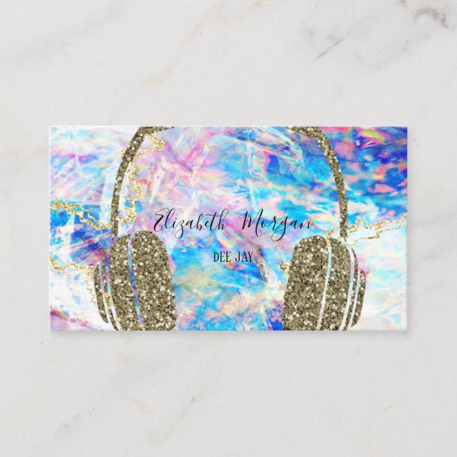 Elegant Holographic Opal Glitter Headphone DJ Business Card (Front)