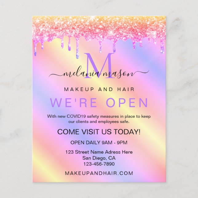 Elegant Holographic Pink Unicorn Glitter Salon Flyer (Front)