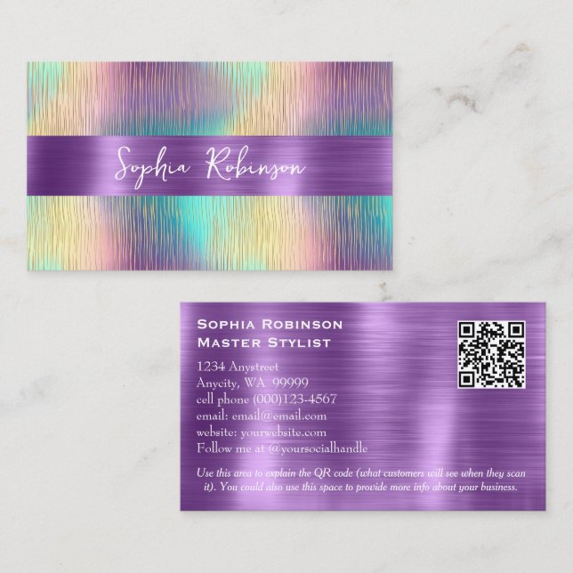 Elegant Holographic & Purple Metal Business Card (Front/Back)
