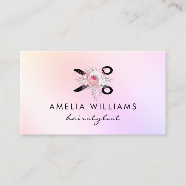 Elegant holographic scissors floral hairstylist business card (Front)