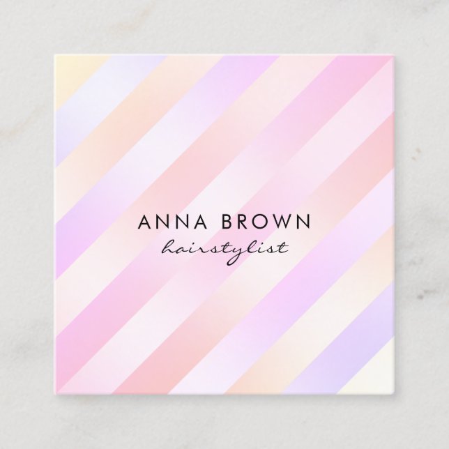 Elegant holographic scissors striped hairstylist square business card (Front)