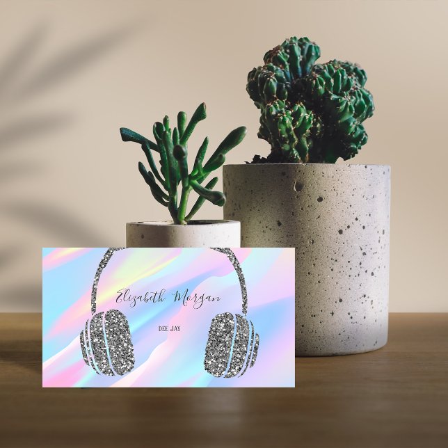 Elegant Holographic,  Silver  Glitter Headphone DJ Business Card (Creator Uploaded)