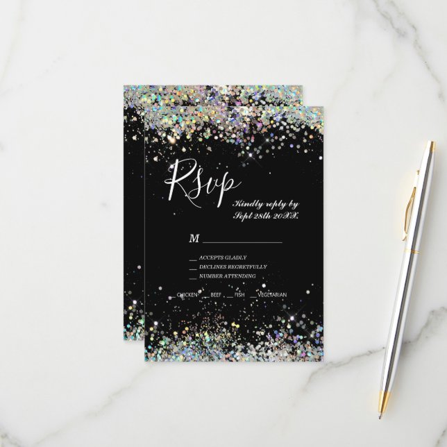 Elegant Holographic Sparkly Glitter Black Modern RSVP Card (Front/Back In Situ)