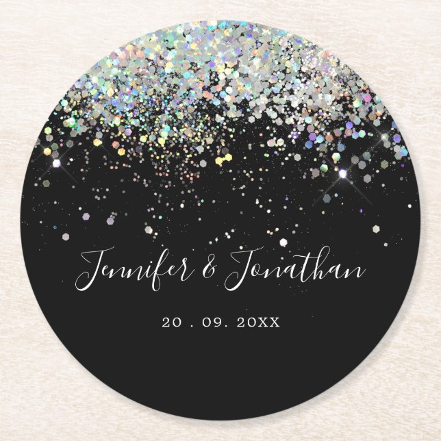Elegant Holographic Sparkly Glitter Black Modern S Round Paper Coaster (Front)