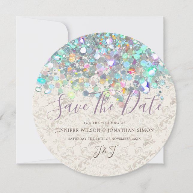 Elegant Holographic Sparkly Glitter Modern Ivory Save The Date (Front)