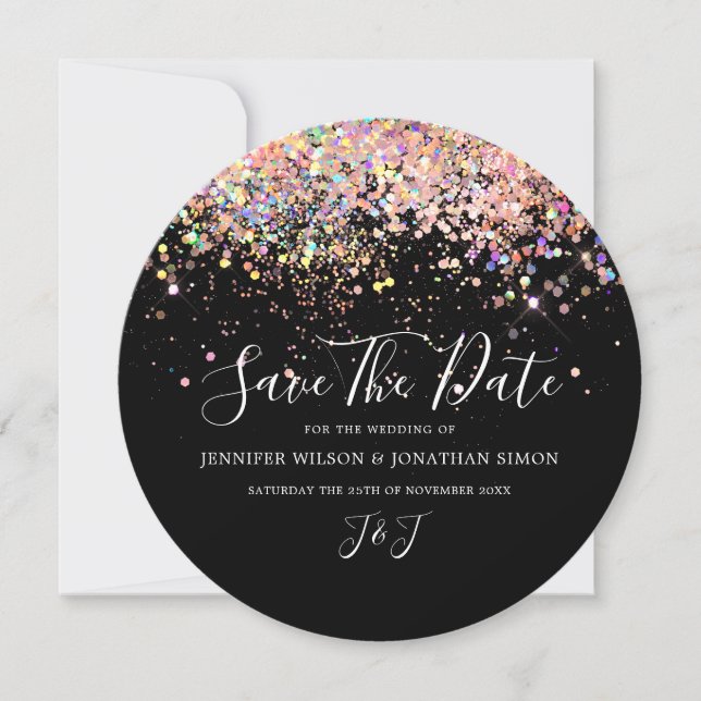 Elegant Holographic Sparkly Pink Glitter Black Save The Date (Front)