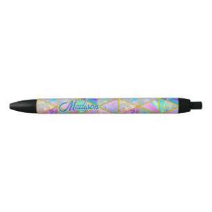 Elegant holographic trendy faux gold geometric black ink pen
