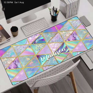 Elegant holographic trendy faux gold geometric desk mat