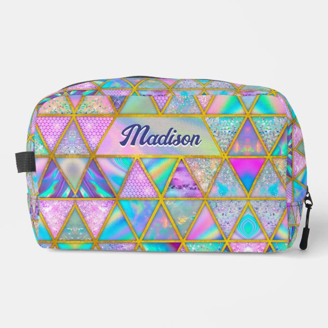 Elegant holographic trendy faux gold geometric  dopp kit (Front)
