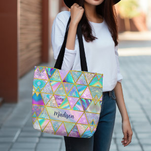 Elegant holographic trendy faux gold geometric  tote bag