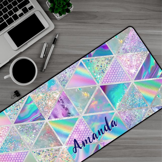 Elegant holographic trendy faux silver geometric desk mat (Creator Uploaded)