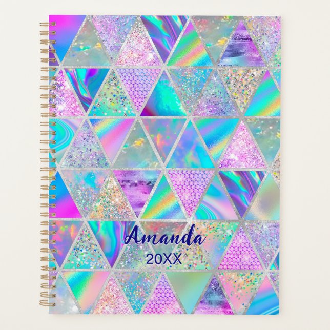 Elegant holographic trendy faux silver geometric planner (Front)