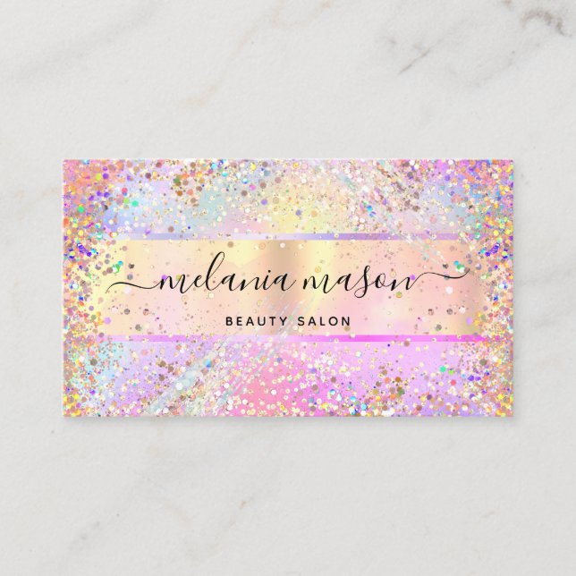 Elegant Holographic Unicorn Confetti Glitter Gold Business Card (Front)