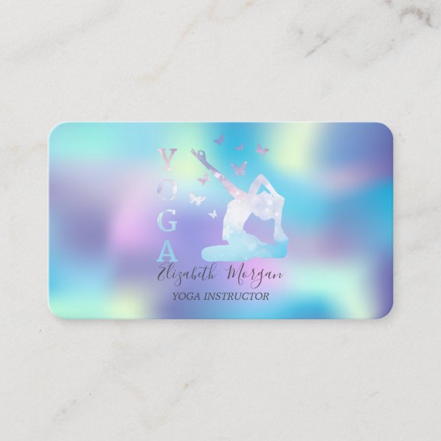 Elegant Holographic Women Yoga Instructor Business Card (Front)